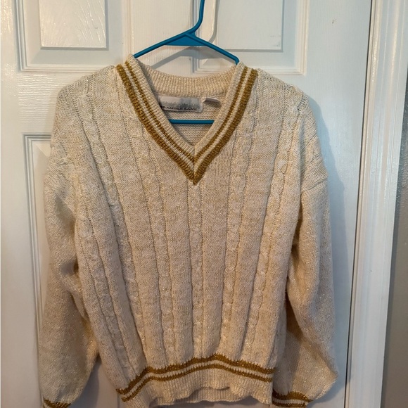 V-Neck Cable Knit Sweater - Cream and Gold - Picture 1 of 2